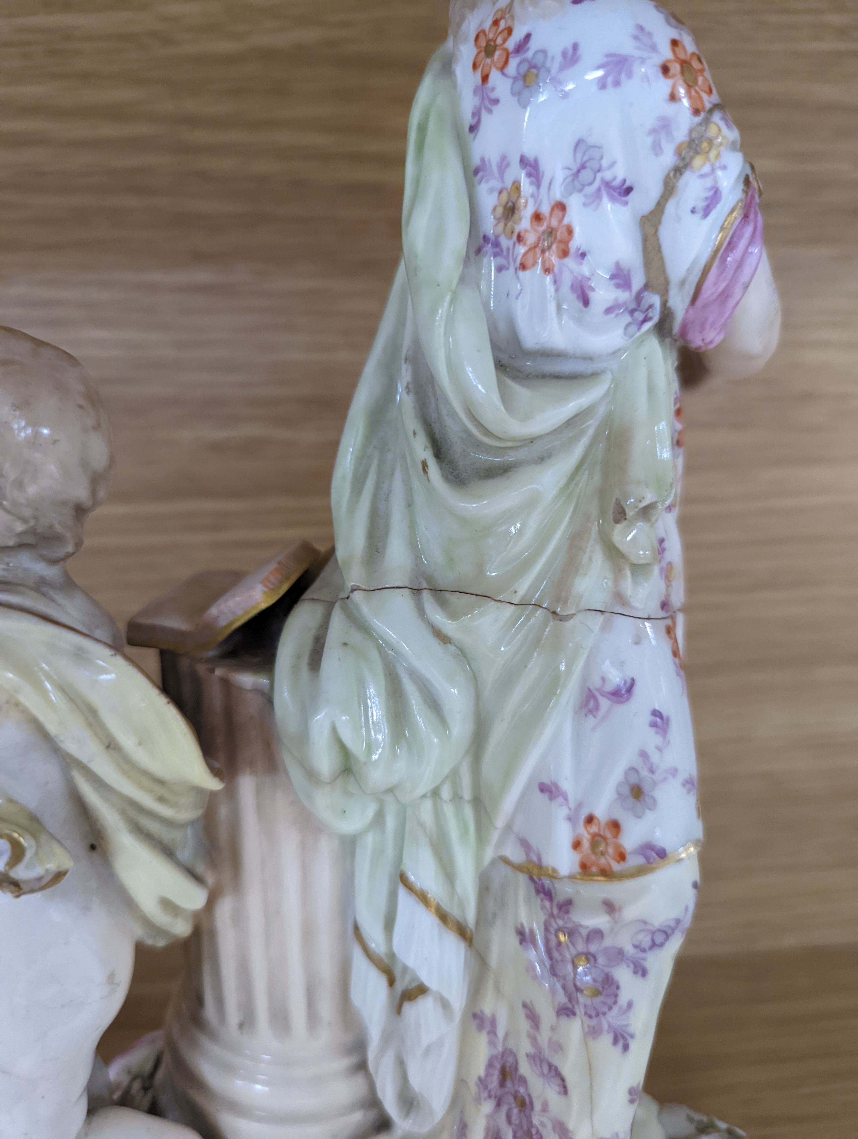 Two Chelsea Derby figure groups, three Derby Japan-pattern items to include an ice pail and two sucrier, together with a Copeland porcelain model of a tower